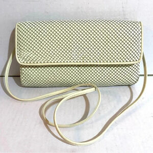 Whiting & Davis white & beige metal plaid print crossbody handbag